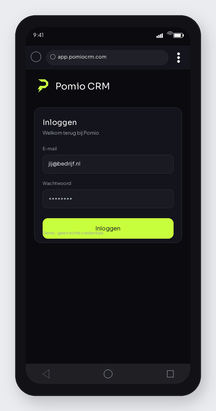 Android mockup: Chrome showing Pomio CRM login on app.pomiocrm.com.