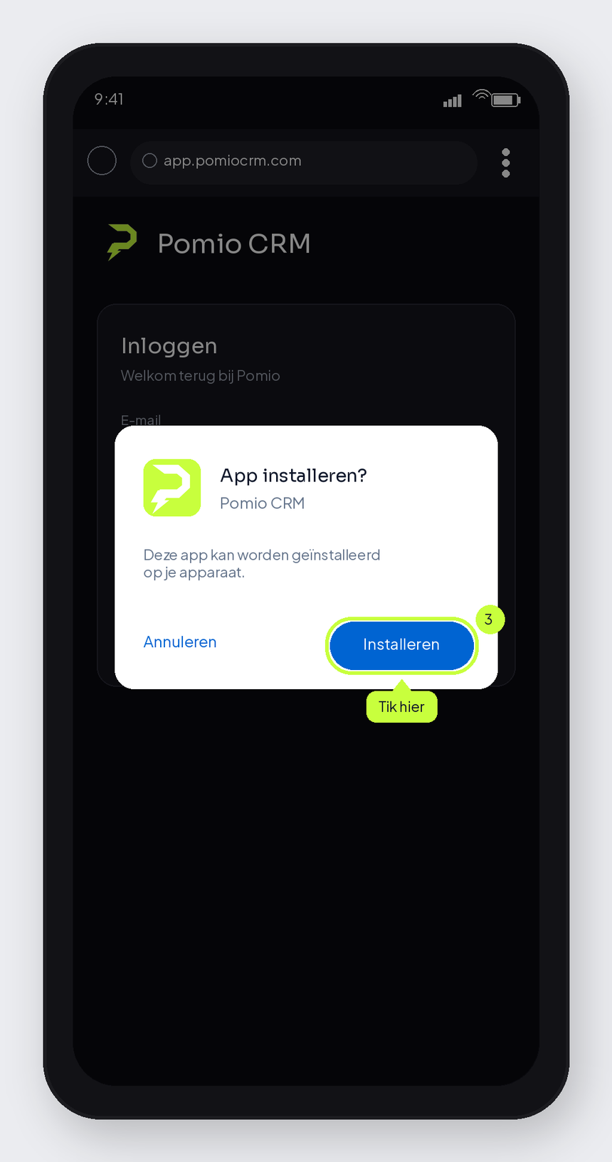 Mockup: Chrome “App installeren?” dialog for Pomio CRM with highlighted “Installeren”, badge 3.