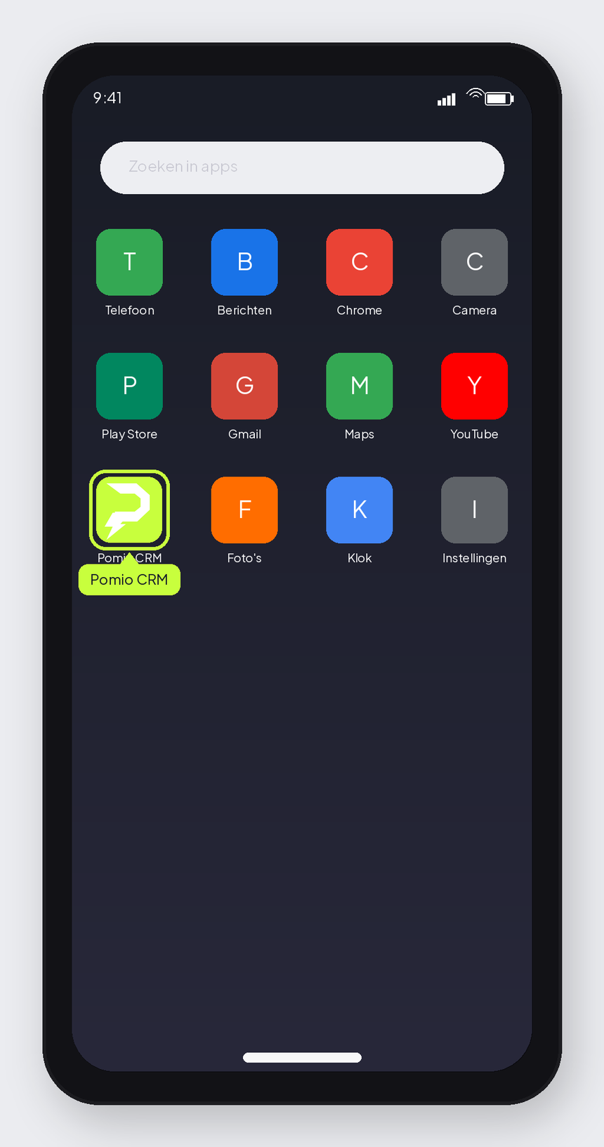 Mockup: Android home/app drawer with lime Pomio CRM icon among generic apps.