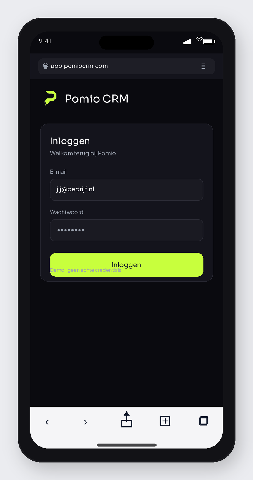 iPhone mockup: Safari showing Pomio CRM login on app.pomiocrm.com, Voltage dark theme with lime mark.