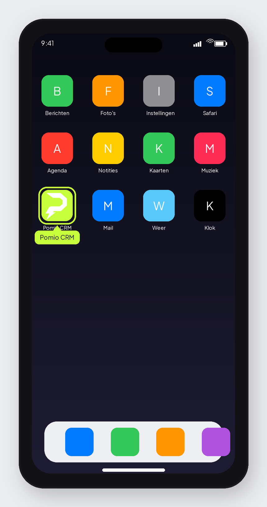 Mockup: iOS home screen with lime Pomio CRM icon among generic icons.